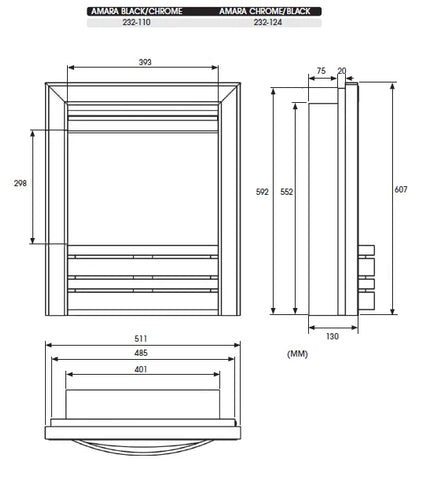 Amara electric fire with a sleek black and chrome design, featuring dimensions for installation.