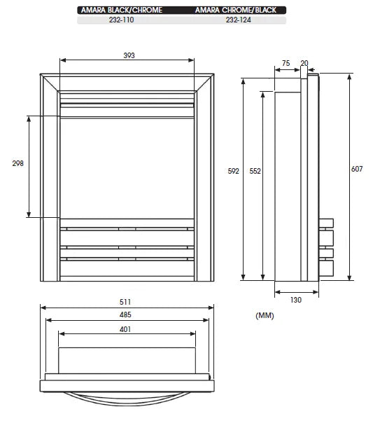 Amara electric fire with a sleek black and chrome design, featuring dimensions for installation.