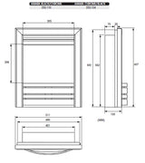 Amara electric fire with a sleek black and chrome design, featuring dimensions for installation.