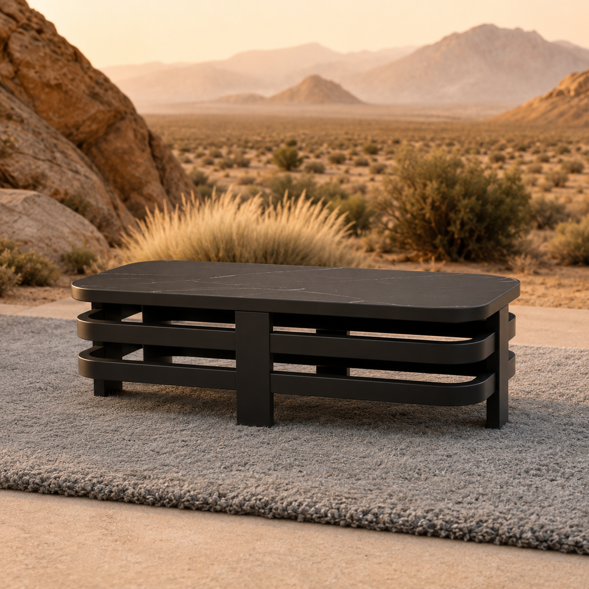 Black matte rectangular table with curved edges on a textured gray rug outdoors
