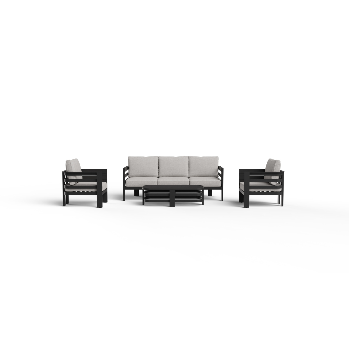 Black metal frame seating set with light grey cushioned seats and a matching low table