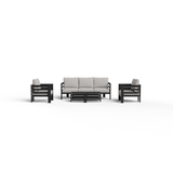 Black metal frame seating set with light grey cushioned seats and a matching low table