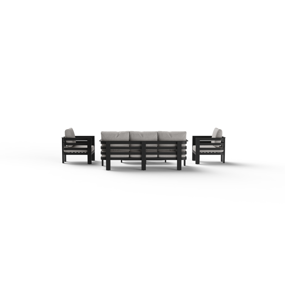 Black wooden frame with light grey fabric cushions on two armchairs and one sofa set