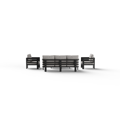Black wooden frame with light grey fabric cushions on two armchairs and one sofa set