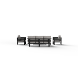 Black wooden frame with light grey fabric cushions on two armchairs and one sofa set