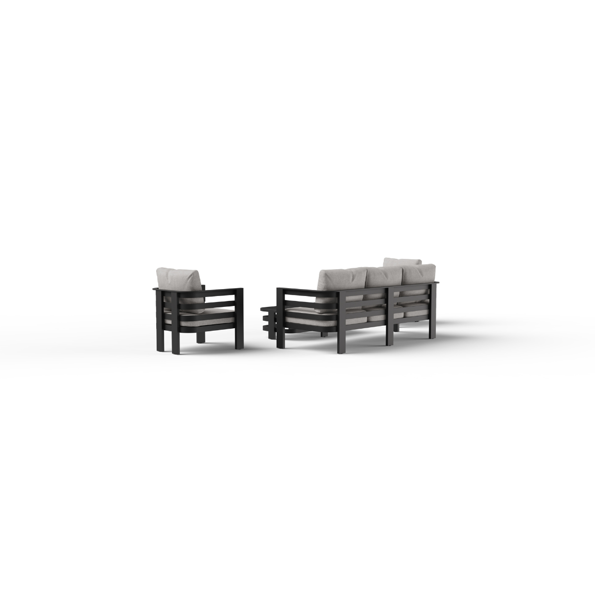 Black wooden frame with grey cushioned seating for outdoor lounge set viewed from back