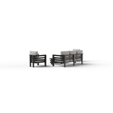 Black wooden frame with grey cushioned seating for outdoor lounge set viewed from back