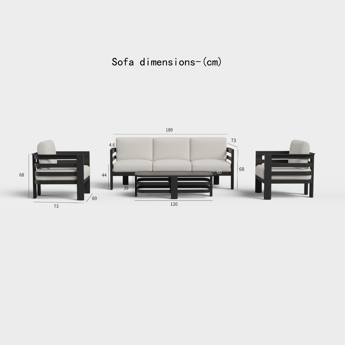 Light beige fabric cushions with black wooden frame sofa set and matching black coffee table 
