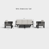Light beige fabric cushions with black wooden frame sofa set and matching black coffee table 
