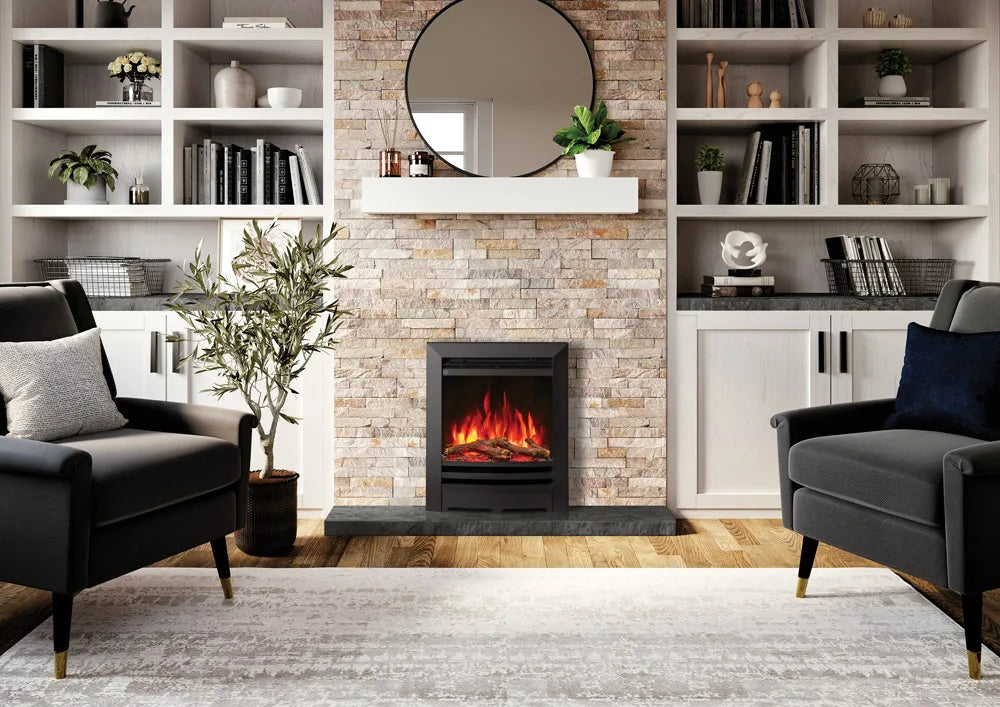 Anya electric fire in a modern living room setting with a stone fireplace and stylish furniture.
