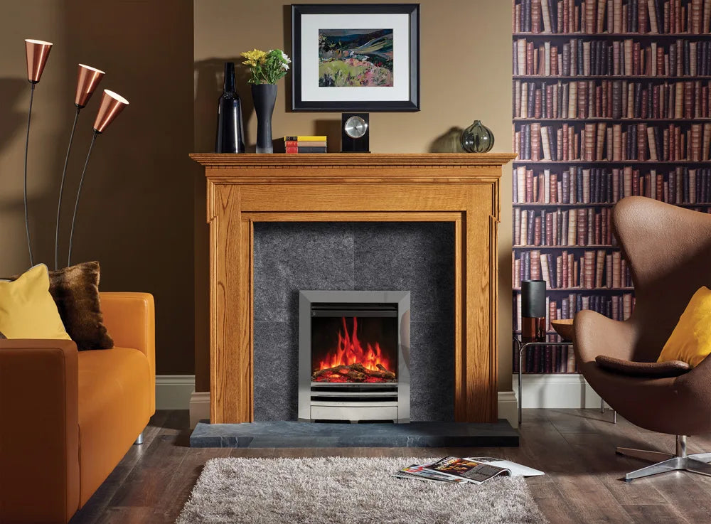Anya electric fire installed in a stylish living room with a wooden mantelpiece and modern decor.