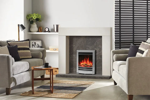 Electric fire in a modern living room setting with a stylish fireplace, surrounded by comfortable seating and decorative