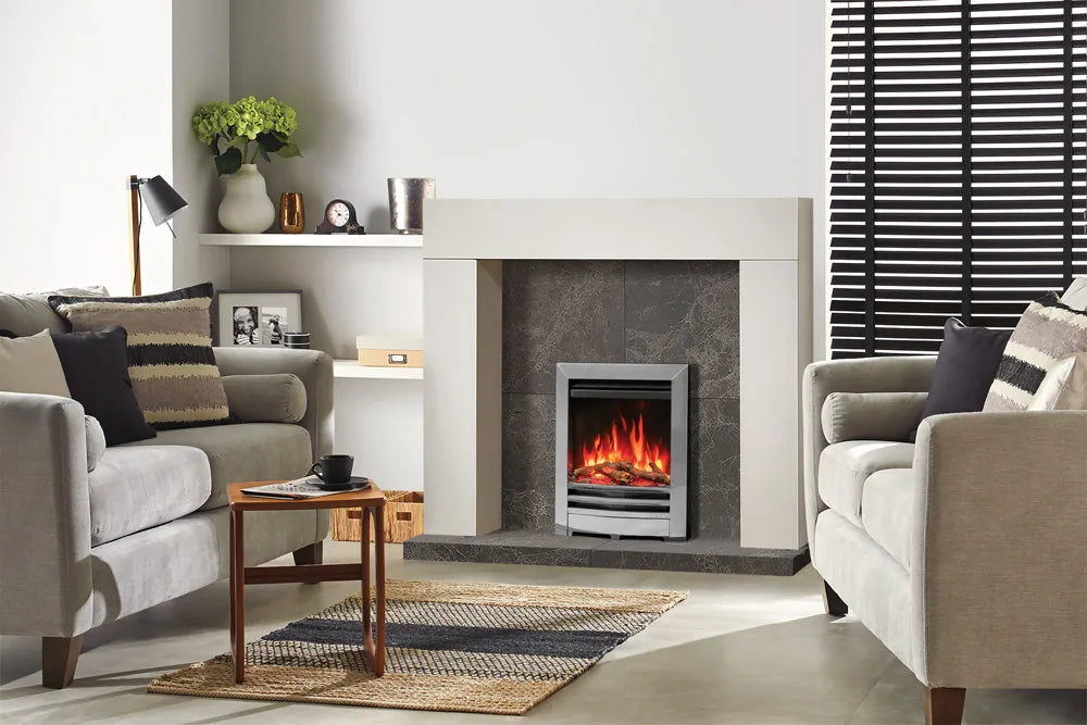 Electric fire in a modern living room setting with a stylish fireplace, surrounded by comfortable seating and decorative