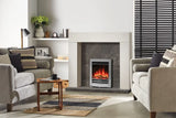 Electric fire in a modern living room setting with a stylish fireplace, surrounded by comfortable seating and decorative