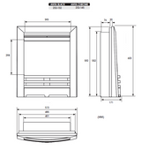 Anya electric fire in black and chrome with dimensions and design details.