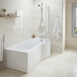 Modern bathroom with a white bathtub against a gray tiled wall.