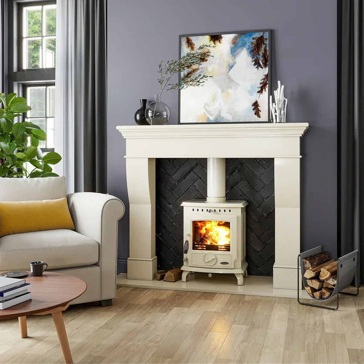 Cream eco-enamel wood burning stove set in fireplace with logs and cozy living room decor