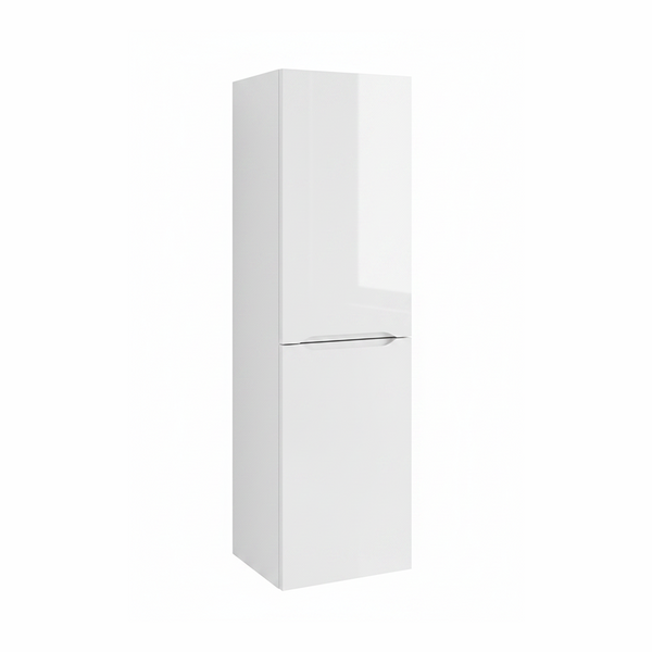 Gloss white tall bathroom storage cabinet with two door design and sleek modern finish | Home Centre Direct UK