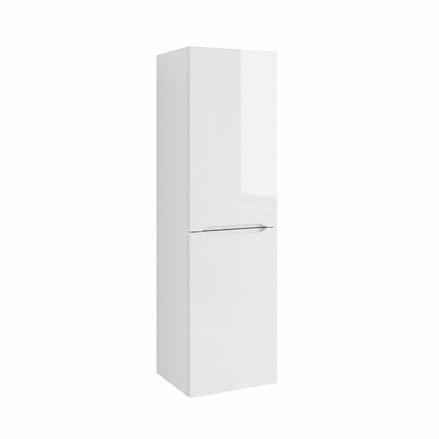 Gloss white tall bathroom storage cabinet with two door design and sleek modern finish | Home Centre Direct UK