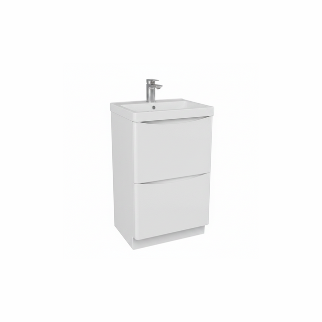Gloss white floor standing bathroom vanity unit with two drawer storage and modern finish | Home Centre Direct UK