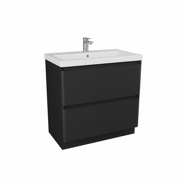 Matt black floor standing bathroom vanity unit with two drawer storage and modern styling | Home Centre Direct UK