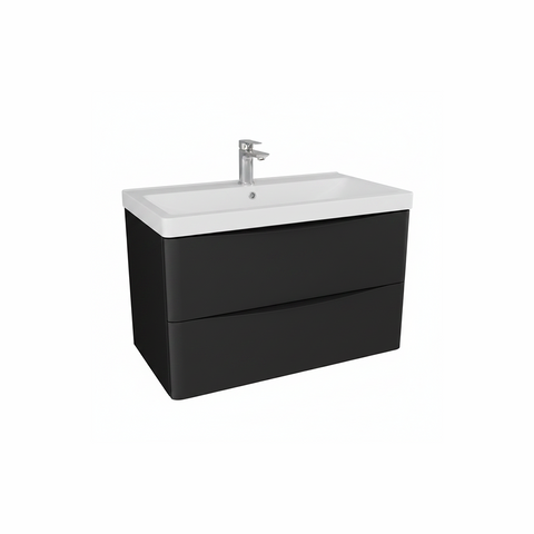 Matt black wall hung bathroom vanity unit with two drawer storage and modern design | Home Centre Direct UK