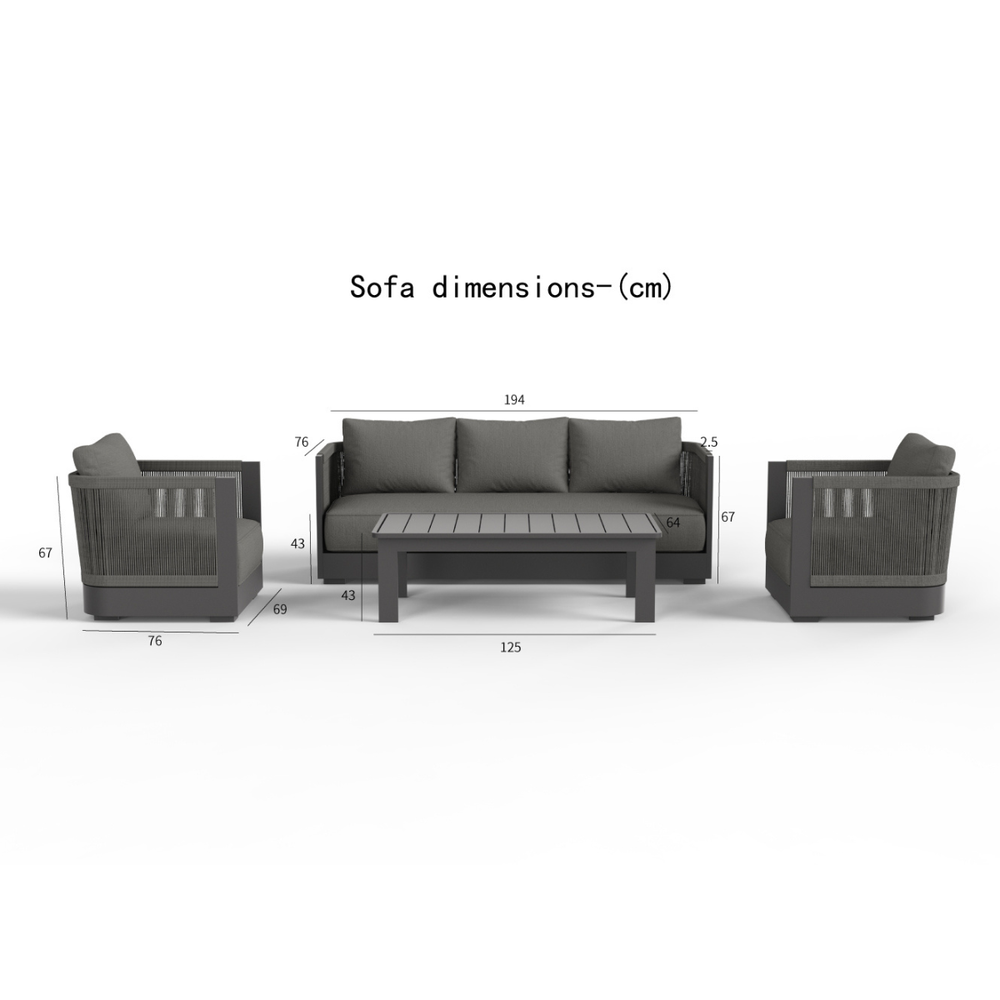 Dark grey fabric cushions with matching dark grey frame and woven side panels