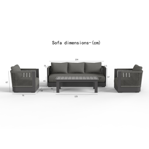 Dark grey fabric cushions with matching dark grey frame and woven side panels