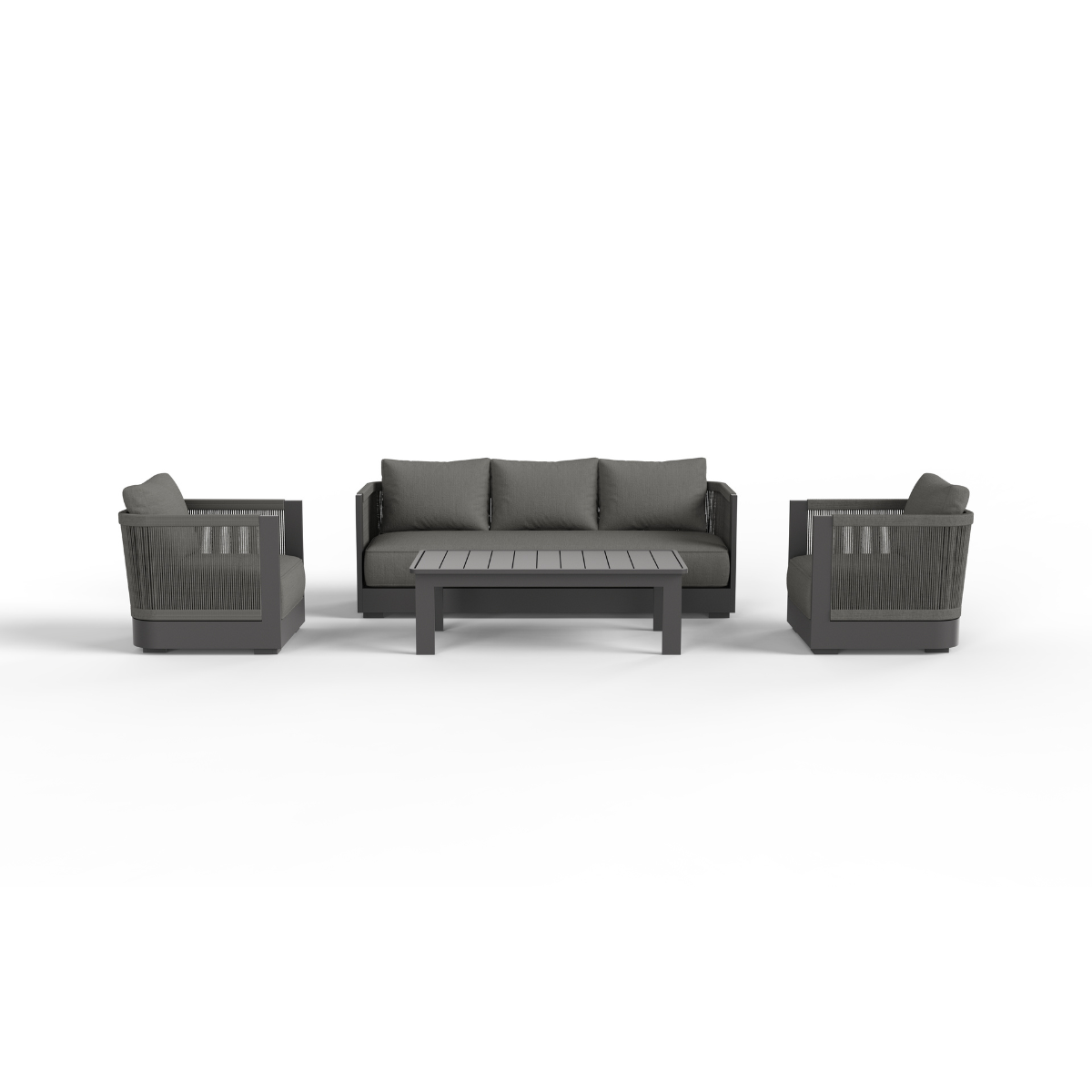 Dark grey fabric cushions with matching woven and metal frame seating set and slatted table.
