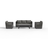 Dark grey fabric cushions with matching woven and metal frame seating set and slatted table.