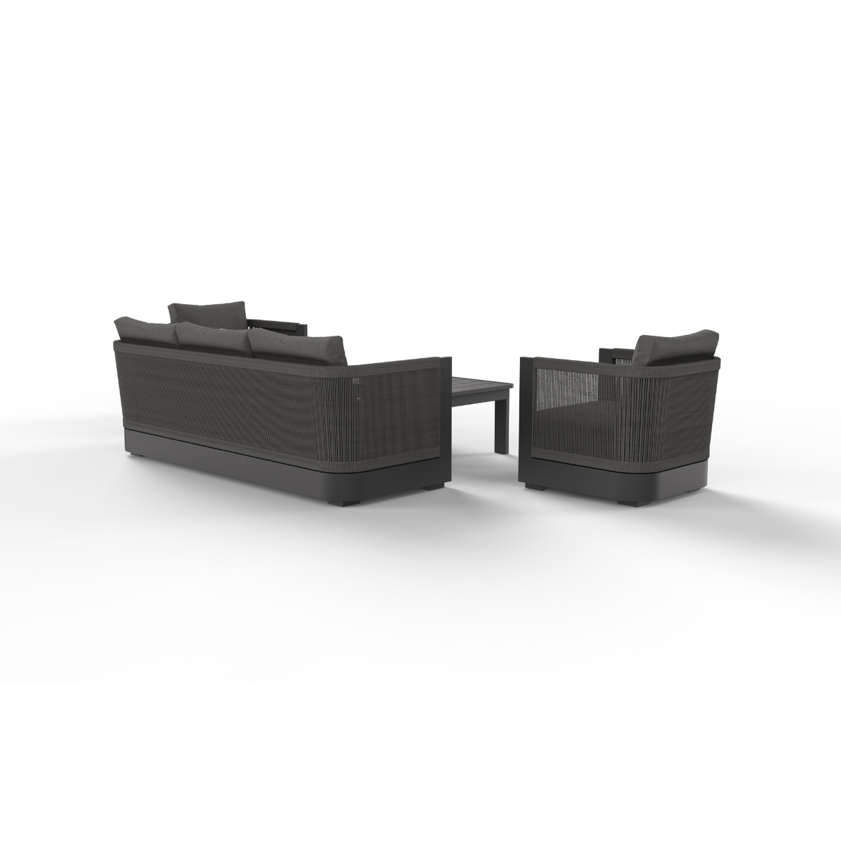 Dark grey woven texture outdoor sofa set with cushions and matching coffee table.