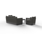 Dark grey woven texture outdoor sofa set with cushions and matching coffee table.