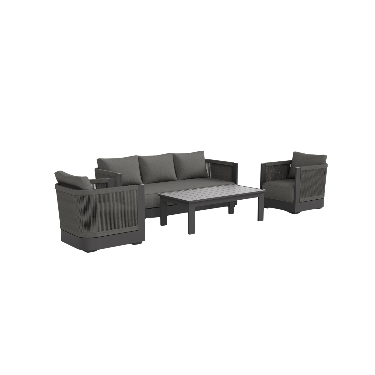 Dark grey fabric cushions and rope accents with a metal frame seating set and table