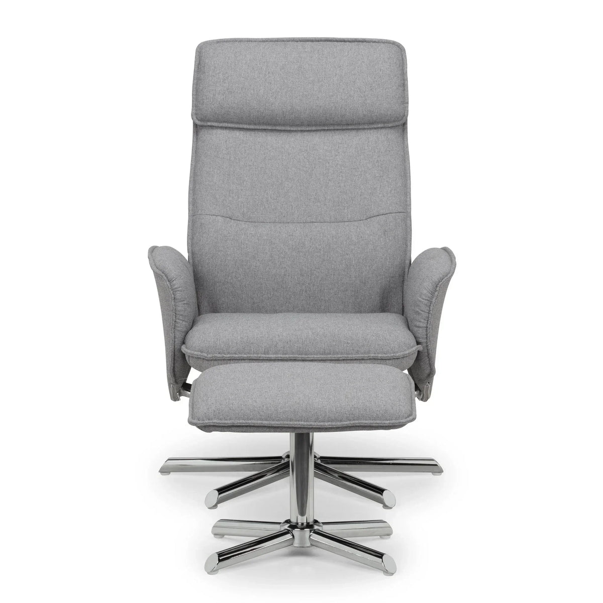Grey fabric recliner chair with matching footstool and chrome base, front view
