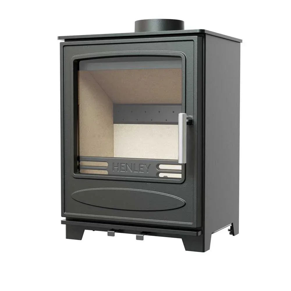 Black freestanding wood burning stove with glass door and silver handle, right side view