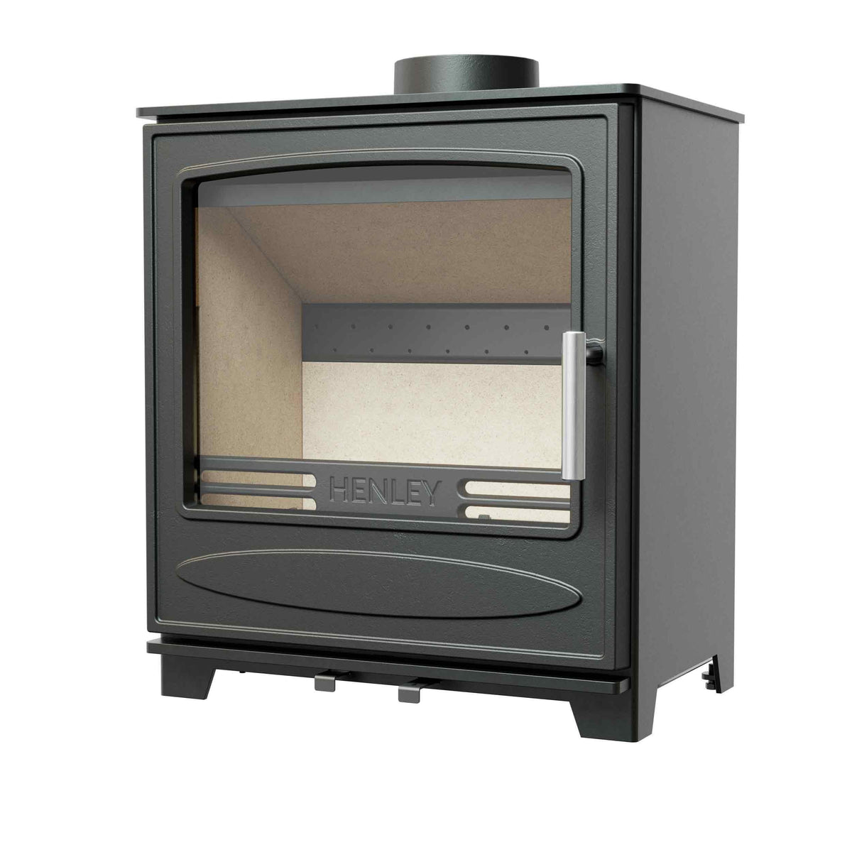 Black freestanding wood burning stove with glass door and silver handle, right side view