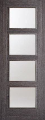 Ash grey interior door with four glazed panels and wood grain finish, full front view