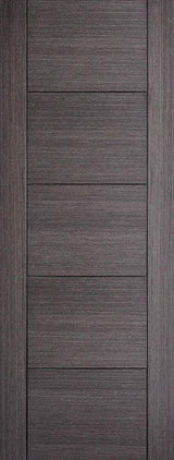 Ash grey interior door with five horizontal panels and wood grain texture