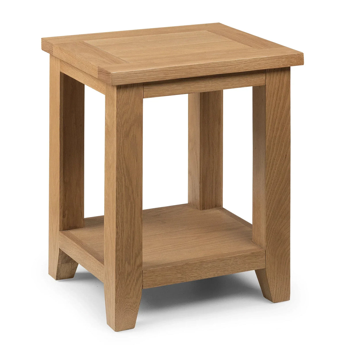 oak lamp table with lower shelf and square legs, suitable for living room or bedroom
