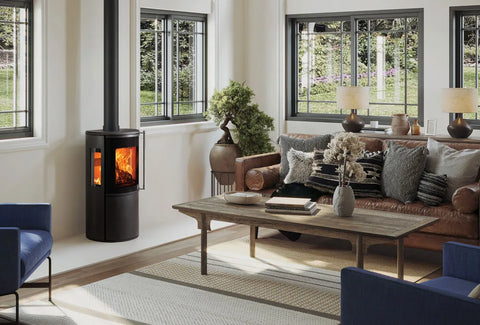Modern wood burning stove in a stylish living room, providing warmth and ambiance.