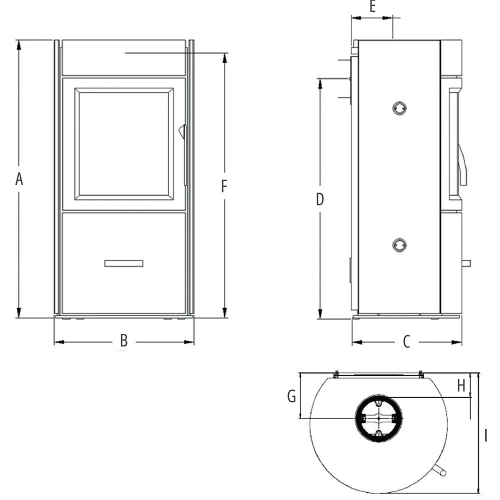 Atlas wood burning stove with detailed dimensions and design specifications.