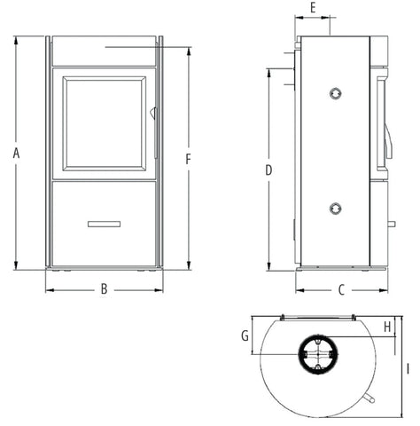 Atlas wood burning stove with detailed dimensions and design specifications.