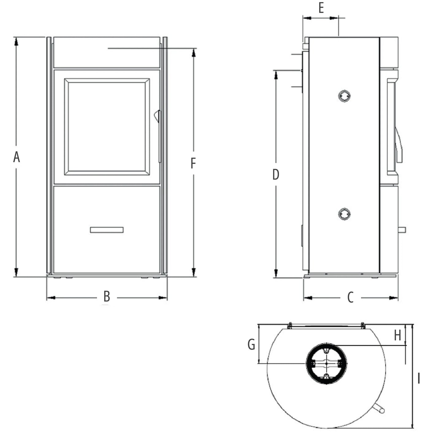 Atlas wood burning stove with detailed dimensions and design specifications.