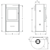 Atlas wood burning stove with detailed dimensions and design specifications.