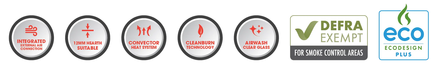 Atlas Wood Burning Stove with integrated external air connection and cleanburn technology, featuring a modern design and