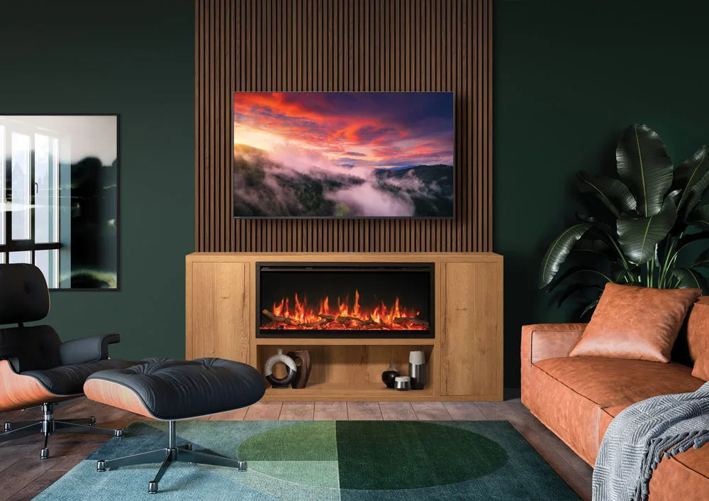 Atmos electric fire integrated into a stylish living room setting with modern furniture and a television above.