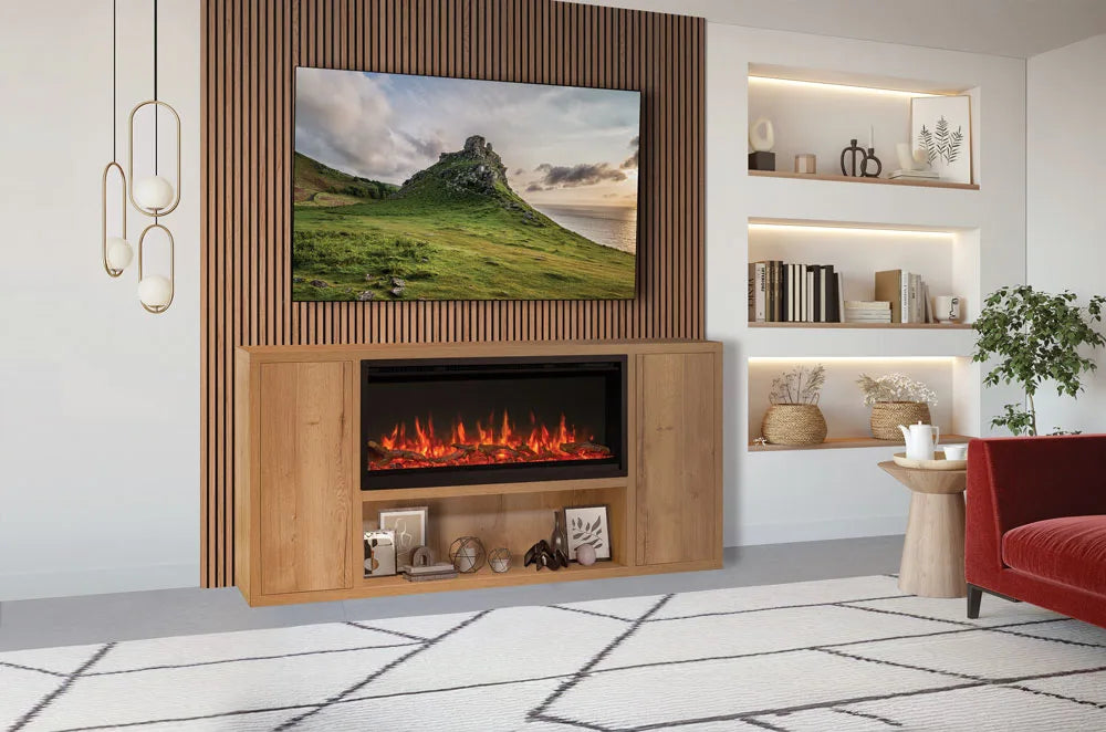 Atmos electric fire in a modern living room setting with wooden cabinetry and a TV above.