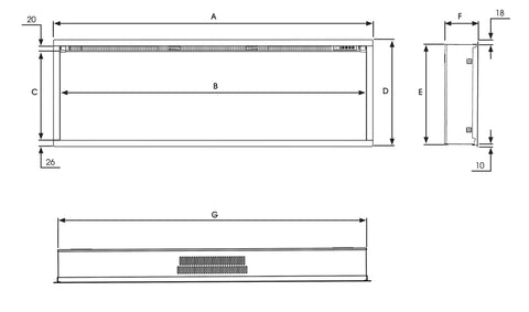 Atmos electric fire with a sleek design and dimensions for easy installation.