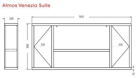 Electric fire unit with dimensions and design details for the Atmos Venezia Suite.