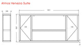 Electric fire unit with dimensions and design details for the Atmos Venezia Suite.